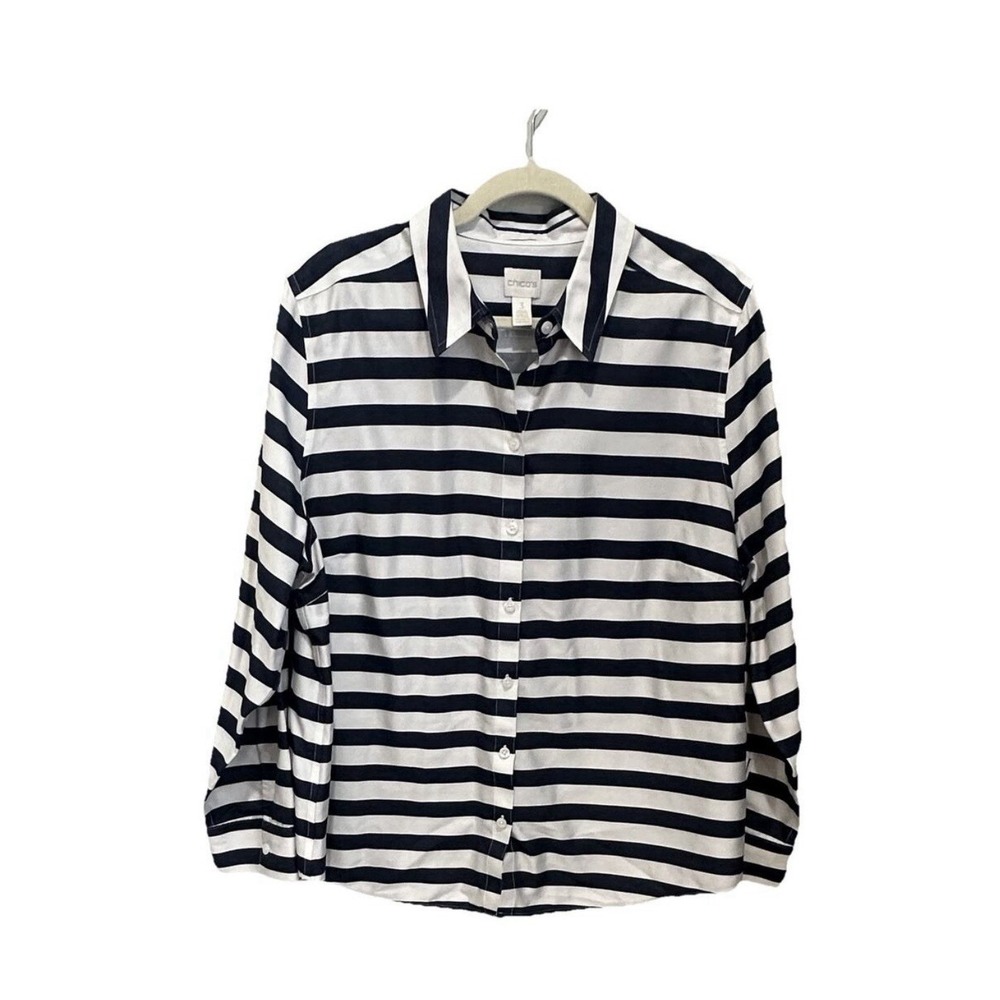 Chico's Womens No Iron Top Size XL Blue White Striped Button Collared Nautical